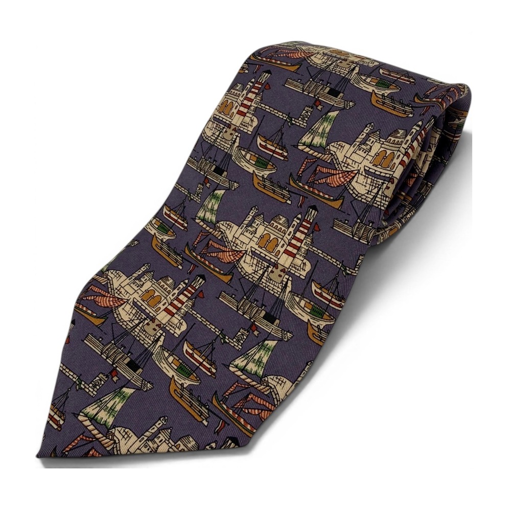 Salvatore Ferragamo Mens Purple Silk Nautical Harbor Ship Sailboat Tie Italy